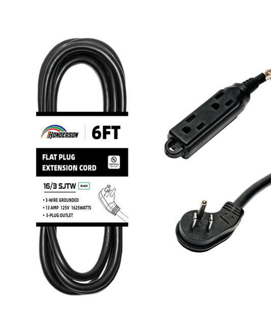 3-Outlets Flat Plug Indoor Extension Cord Outlet Extender, UL Certified, 16 Gauge 6FT Black 3 Prong Heavy Duty, 16/3 SJTW 13A Power Strip - color: Black, size: 6FT, style: 16/3