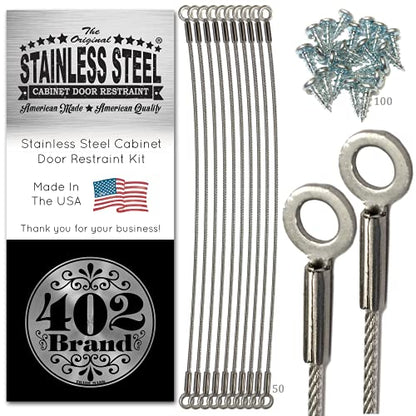 Stainless Steel Cabinet Door Restraint Kit. Made in USA. Flexible Braided Cable. Cupboard Door Hinge Limiter. Restrict Cabinet Door Swing. Door Swing Limiter. Includes Mounting Screws - size: 50 Pack