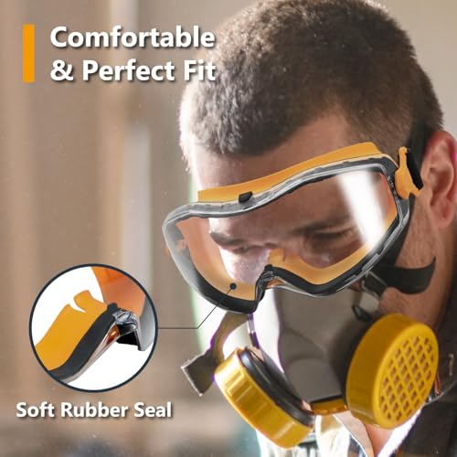 POWERTEC 72227 Safety Goggles Over Glasses & Knee Pads, Scratch Proof UV Protection Anti-fog & Knee Pads w/Thigh Straps Shell Soft Foam & Thick Gel Cushion, Woodworking, Construction, Flooring - style: Safety Goggles + Gel Knee Pad