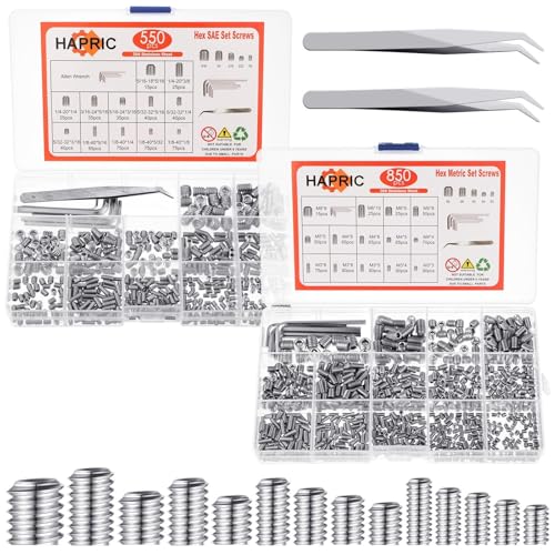 Hapric 1400 Pcs 26 Size Set Screw Kit Metric&SAE Set Screw Assortment Kit 304 Stainless Steel Head Socket Hex Metric Set Screws Kit Cup-Point Screws (M3-M8, 1/8"-40 to 5/16"-18) - color: Silver-Metric&SAE-1400 Pcs