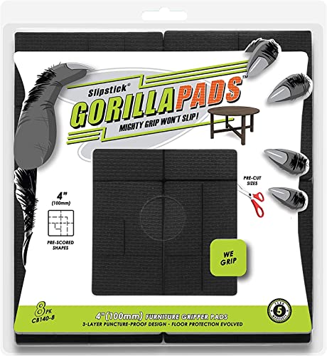 GorillaPads Non Slip Furniture Pads/Floor Grippers (Set of 8 Non Skid Floor Protectors) Pre-Scored to Cut to Multiple Size, 4 Inch Square, Black, CB140-8 - size: 4" Pre-Scored 8 Pack