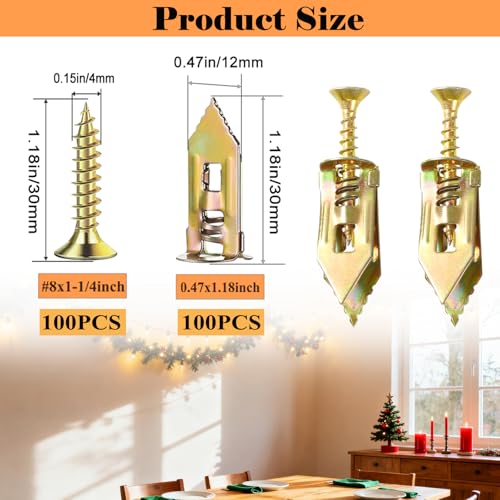 200Pcs Self Drilling Drywall Anchors with Screws Kit, 100 Sheetrock Anchors (0.47x1.18inch) & 100#8x1-1/4inch Zinc Screws, No Drill Needed, for Picture Frames, Wall Hanging, Art, Shelves - size: 0.47x1.18 Inch-200pcs