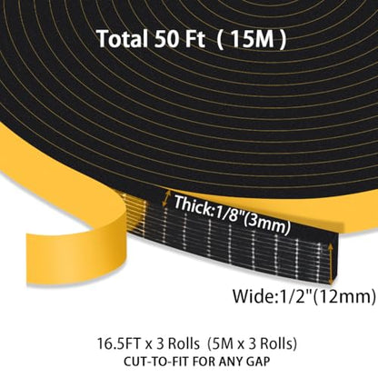 Foam Weather Stripping Door Seal,1/2 in x 1/8 in x 50Ft Black Weatherstrips Self Adhesive Foam Insulation Tape,Weatherproof,Energy Saving,Whole-Home Narrow Gap Sealing - color: Black, size: 1/2 in x 1/8 in x 50 Ft