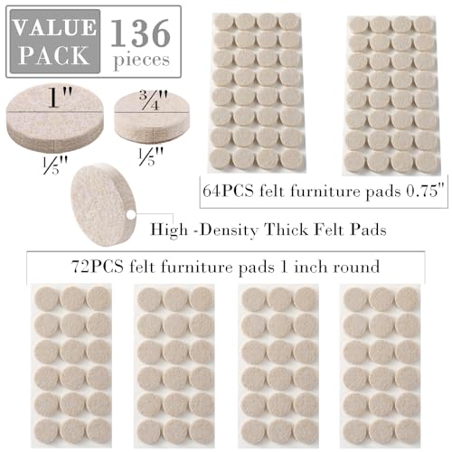 Fursafe&Q Felt Furniture Pads for Hardwood Floors, Self Adhesive Chair Felt Pad - Furniture Feet Floor Protectors, Furniture Sliders Protect from Nicks, dents and Scratches, Reduce Noise, Round - size: 136 Pcs Beige Round Pads