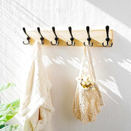 Dseap Coat Rack Wall Mounted - 24" Long 6 Tri Hooks, Heavy Duty Wooden Wall Coat Hanger Coat Hook for Clothes Hat Jacket Clothing, Weathered Light Natural and Black, Pack of 2 - color: Light Brown & Black, size: L=24"