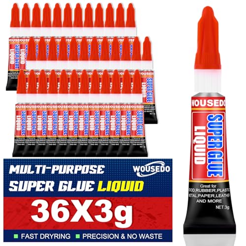WOUSEDO 36 X 3g Super Glue Liquid, Clear Strong Adhesive,Fast Drying Cyanoacrylate Glue for Wood, Rubber, Leather, Hard Plastic, Metal, DIY Crafts and More - size: Pack of 36, style: Liquid