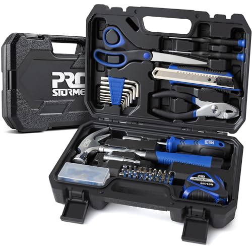 Prostormer 93-Piece Tool Kit, Basic Household Repair Tool Set with Toolbox Storage Case, Small Starter Tool Box Kit for Homeowners and College Students (Blue) - color: Blue