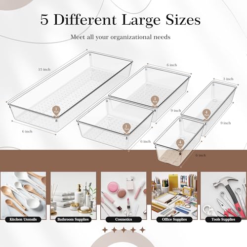 Criusia 11 PCS Clear Plastic Drawer Organizer Set - 5 Large Size Versatile Kitchen and Bathroom Organizer Trays, Non-Slip Storage Bins for Makeup, Utensils, Tool and Office Desk - size: 11PACK