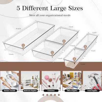 Criusia 11 PCS Clear Plastic Drawer Organizer Set - 5 Large Size Versatile Kitchen and Bathroom Organizer Trays, Non-Slip Storage Bins for Makeup, Utensils, Tool and Office Desk - size: 11PACK