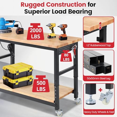 ENJOYWOOD 60" x 22" Heavy Duty Workbench with Wheels, Adjustable Height Garage Work Table with Solid Rubberwood Top, Double Layer Shelf, Sided Pegboard & Power Outlets for Home & Workshop - size: XX-Large