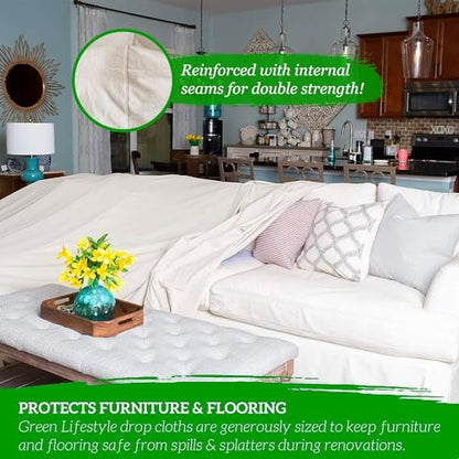 GREEN LIFESTYLE All Purpose Canvas Drop Cloths - Drop Cloth for Painting, Floor Cover, Heavy Duty Protection for Furniture & Surfaces, Reusable Painters Canvas Tarp for Renovation & Home (12x15) - size: 1 Pack - 12x15