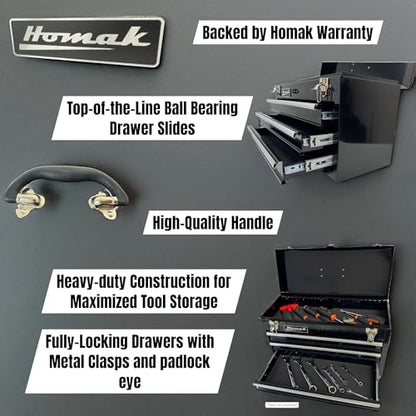 Homak 3 Drawer Ball Bearing Toolbox Chest, Black, 20 Inches - color: Black, size: 3-Drawer