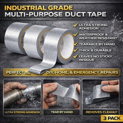 Silver Duct Tape Heavy Duty, 3 Pack 90 Yd Total, Waterproof Strong Adhesive Tape, 8.26 Mil Thick, Multi Purpose for Repairs, Sealing & Outdoor Use