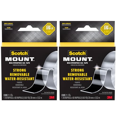 Scotch-Mount Multipurpose Gel Tape, 2 Pack (2 Rolls), 30 mm x 1.5 m (1.18 in x 60 in) Each, Heavy Duty Double-Sided Removable Mounting Tape, Clear, Holds Up to 20 lb