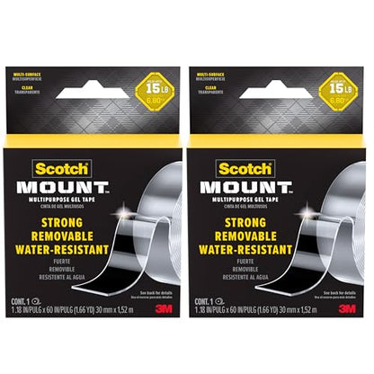 Scotch-Mount Multipurpose Gel Tape, 2 Pack (2 Rolls), 30 mm x 1.5 m (1.18 in x 60 in) Each, Heavy Duty Double-Sided Removable Mounting Tape, Clear, Holds Up to 20 lb