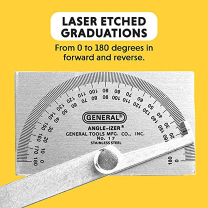 General Tools Angle Protractor #17 Stainless Steel Square Head - Measuring Tool for Carpenters & Woodworking Hobbyists