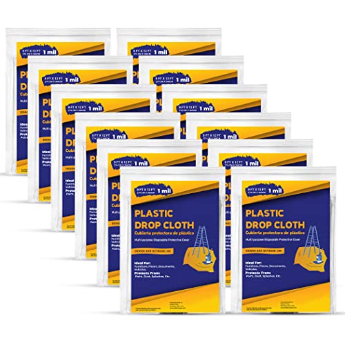 Drop Cloth Painters Plastic Sheeting - Plastic Drop Cloths for Painting, 9 x 12 Feet Paint Drop Cloth Tarp, Clear Plastic Tarp Cover, 1 Mil Thick Plastic Sheeting, Multi-Purpose Use (12 Pack) - color: 12 Pack, size: 1 Mil