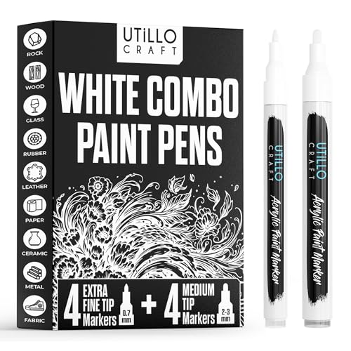 Utillo Craft White Paint Pen (4+4 Pack) Extra Fine and Medium Black Paint Markers for Rock Painting, Wood, Glass, Tire, Canvas, Metal, Fabric | Bold Color Black Acrylic Paint Markers 0.7mm + 2-3mm - color: White, style: Combo 4+4PK