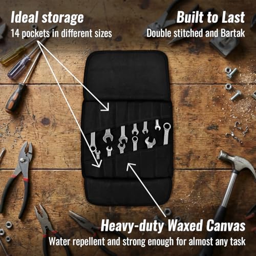 Under NY Sky Tool Roll Organizer, Heavy-Duty Wrench Bag, Portable Hand Tool Pouch for Mechanics, Electricians, and Hand Tools - color: 14 Slots Black