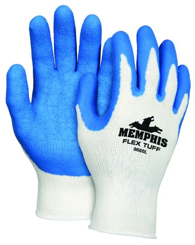 MCR Safety 9680L FlexTuff Cotton/Polyester Shell Men's Gloves with Latex Dipped Palm and Fingertips, Blue/White, Large, 1-Pair - size: Large