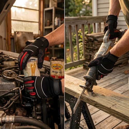 Mechanic Gloves for Men, Heavy Duty Impact-Resistant Synthetic Leather Automotive Work Gloves with TPR Knuckle Armor, SBR Padded Anti-Vibration Palm,Touchscreen Fingertips, Reinforced Palm