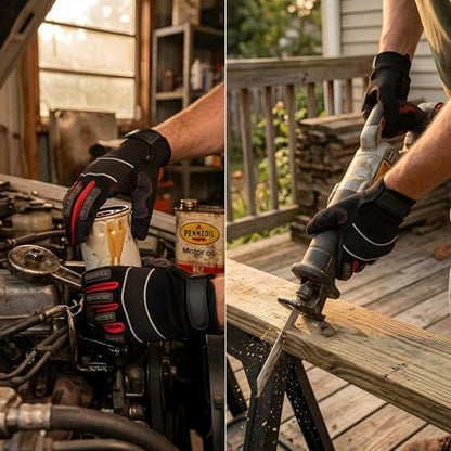 Mechanic Gloves for Men, Heavy Duty Impact-Resistant Synthetic Leather Automotive Work Gloves with TPR Knuckle Armor, SBR Padded Anti-Vibration Palm,Touchscreen Fingertips, Reinforced Palm