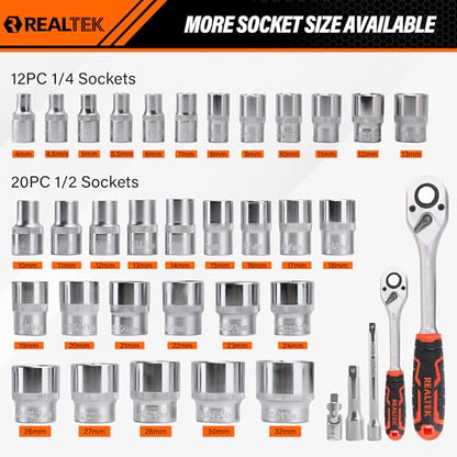 REALTEK 100 Piece Mechanic Tool Set, Car Tool Kit, Cr-V Socket Wrench Auto Repair Kit Includes Socket Accessories, Pliers, Heavy Hammer, Screw Drivers, General Households Tools with Larger Case