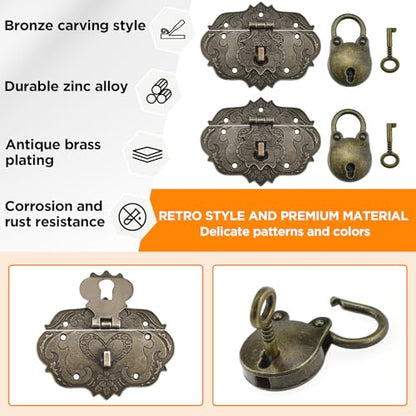 2 Set Jewelry Box Hasp Catch and Lock, Retro Engraved Decorative Hardware Kit with Screws for DIY Wooden Case Furniture Cabinet Suitcase Decoration and Repairs (Antique Bronze)