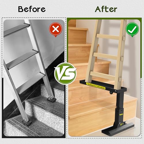Foldable | Heavy-Duty Ladder Extender Pro, High Strength Steel Material Design Ladder Extension Pro for Stairs w/Non-Slip Mat, 12-18" Adjustable Height, Applicable Feet Spacing 24" - size: plus