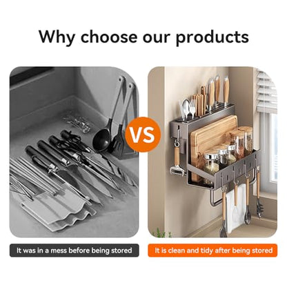 Multifunctional Wall-Mounted Knife Holder Kitchen Utensils Holder Spice Storage Organizer Rack for Knives, Spoons, Chopsticks, Towels, Pot Lids, Spice Jars (Black) - color: Black