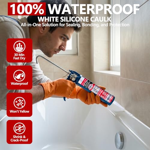 LISRUX Supreme Silicone Caulk for Kitchen & Bathroom, White, 10 fl oz Cartridge, 1 Pack - 100% Waterproof Silicone Sealant, Stronger Adhesion, Shrink & Crack Proof - size: 1P, style: White
