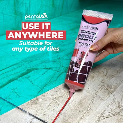 PentaUSA Tile Grout Repair Kit - Red Premixed Acrylic Sanded Grout, Water-Resistant Grout Filler for Bathroom&Shower, Kitchen Floor, Fast Drying, with Applicator, 13.4 oz (380g) - style: Red
