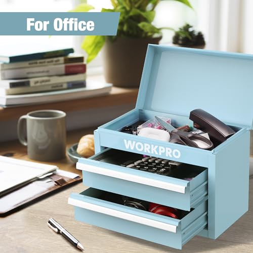 WORKPRO Mini Metal Tool Box with 2 Drawers and Top Storage, Small Tool Chest with PVC Liners and PP Feet Pads, Cold Rolled Steel Toolbox with Magnetic Tab - color: Macaron Blue