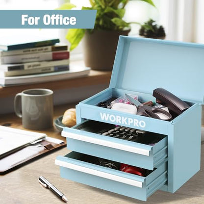 WORKPRO Mini Metal Tool Box with 2 Drawers and Top Storage, Small Tool Chest with PVC Liners and PP Feet Pads, Cold Rolled Steel Toolbox with Magnetic Tab - color: Macaron Blue