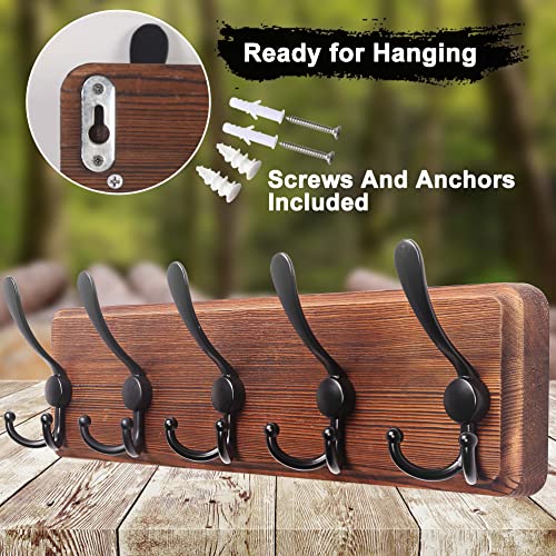 Dseap Coat Rack Wall Mounted - 5 Tri Hooks, Heavy Duty, Wooden Wall Coat Hanger Coat Hook for Clothes Hat Jacket Clothing, Natural & Black, 2 Packs - color: Natural & Black, size: L=17.4"