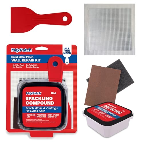 MaxPatch® Drywall Repair Kit - Includes 8 oz Spackling Compound, 4"x 4" Adhesive Metal Patch, Spackling Knife, Sanding Pad - All-in-One Solution for Wall and Ceiling Repairs