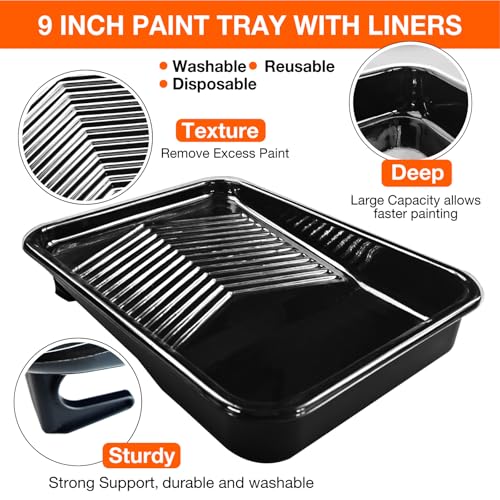 Paint Tray Set, 12 Pack Paint Tray with Liner, Paint Brush for Wall, Paint Roller Covers Liners with Wire Roller Frame for Home Improve Painting Walls, Ceilings, Trim, Siding - color: 12 Pack, 9" Paint Trays