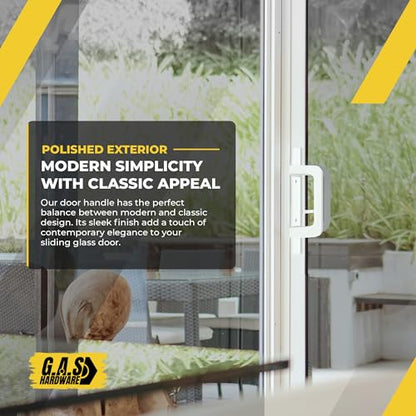 8.5" White PGT Sliding Glass Patio Door Complete Handle Set Replacement Repair Kit Set | Mortise Lock, Keepers, Screws, Thumb Latch Lever, Locking Mechanism | 45 Degrees + 3-15/16" Hole Spacing - color: White