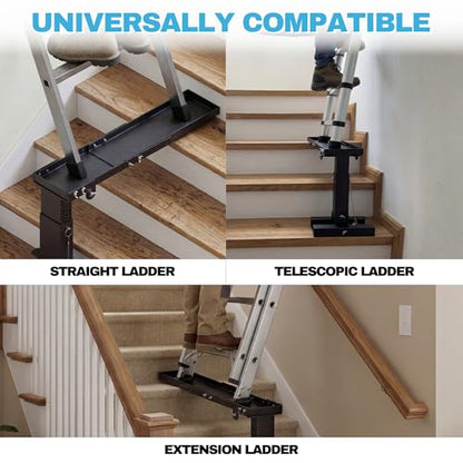 Foldable Ladder Leveler for Stairs, 11"–18.5" Adjustable Height, Carbon Steel Foldable Stabilizer, Fits Extension, Straight & Telescoping Ladders, Tool-Free Pin Lock, Non-Slip Rubber Base, 500lb Cap