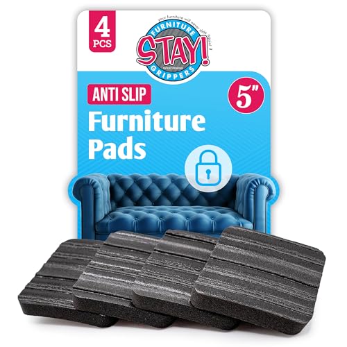 Stay! Anti Slip Furniture Pads (Set of 4) - Square Furniture Stoppers to Prevent Sliding for Hardwood Floors and Carpets - Non Skid Furniture Grippers - Table & Couch Leg Floor Protectors, 5 Inch - size: 5 inch