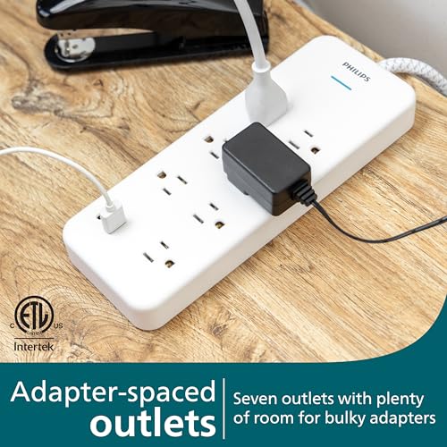 Philips 7-Outlet Surge Protector with USB Charging, 6ft Braided Extension Cord, 1USB-A, 1USB-C, 1500J, Adapter Spaced, Outlet Extender Power Strip, White - SPP3983W/37 - style: 7 Outlet | 1 USB | 1 USB-C