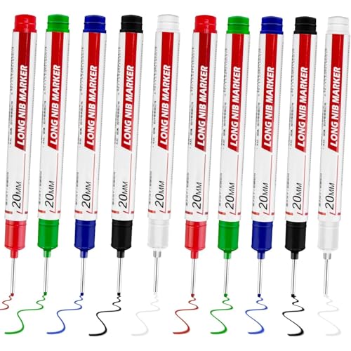 10 Pcs Long Head Deep Hole Marker, 2025 New 20mm Long Nib Marker Pens Permanent Markers, Quick Dry Waterproof Fine Tip Marker Pens, Carpenter Marker Pen for Office Supplies, Art Projects, Woodworking