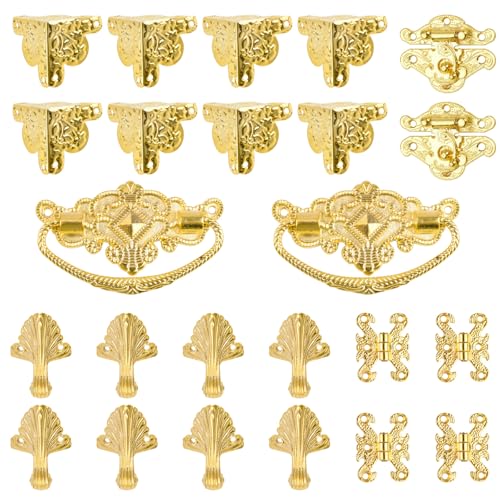 MOROBOR Gold Jewelry Box Antique Lock Latch Hasp Hinges Handle Corner Protectors Kit for DIY 2 Sets Wood Case Chest Storage Boxes Feet Leg Corner Protector Hinge Set Box not Included - color: Gold-2Set