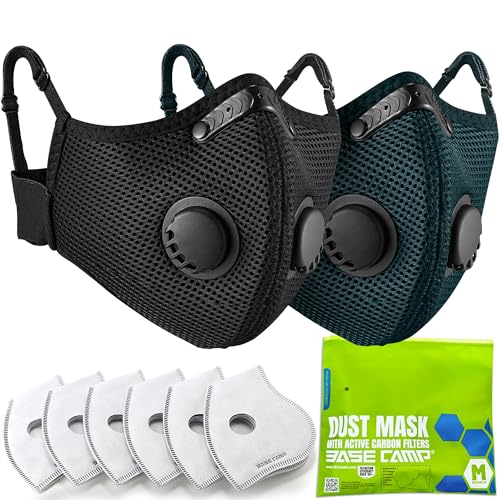 BASE CAMP Upgrade M Plus Dust Mask, Reusable Respirator with 99.9% Effective Carbon Filters for Woodworking, Breathable Face mask Against Dust for Construction, Landscaping, Sanding, Painting - color: Black+1dark Tiber