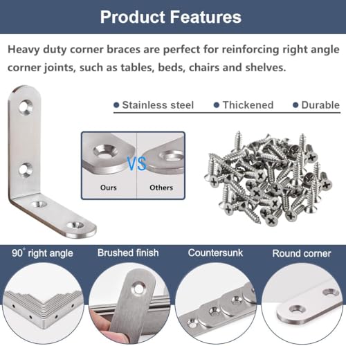 6 Pcs L Bracket Corner Brace Stainless Steel 65x65mm 90 Degree Small Shelf Brackets for Wood, Shelves, Heavy Duty Support Joint Right Angle Braces with Screws - size: 6PCS-Silver 65*65mm/ 2.5in