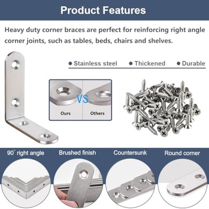 16Pcs L Bracket Corner Brace 2.5 x 2.5 Inch Stainless Steel Corner Brackets, Heavy Duty 90 Degree Joint Right Angle Shelf Brackets for Shelves Wood Furniture with Screws - size: 16PCS-Silver 65*65mm/ 2.5in