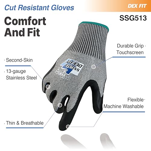 DEX FIT SSG513 Stainless Steel Cut Resistant Gloves, ANSI A5, Durable Non-Slip Nitrile Grip, Touchscreen, Comfort Stretchy Fit, Thin & Breathable, Machine Washable; Gray XL (10), 1 Pair - color: A5 Gray Lite, size: X-Large (1 Pair)