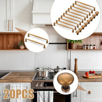 Frienda 20 Pcs Antique Brass Cabinet Bar Pulls 5.5 Inch and Zinc Alloy Cabinet Knobs 1 Inch, Long and Round Pulls Handles Set Retro Hardware for Kitchen, Drawers, Closets, Wardrobes, Cupboards