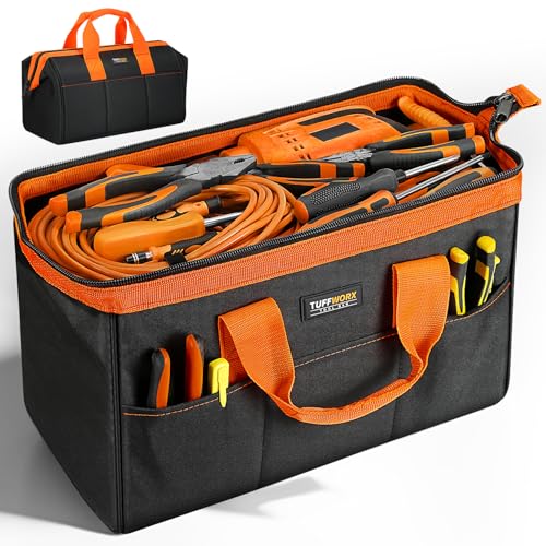 Wide Mouth Tool Bag, Heavy Duty Tool Bags for Men, 12-Pocket Portable Empty Tool Box Organizer Storage for Mechanic, Electrician, 17.3 inch, 600D Oxford, Orange - size: 17.3inch