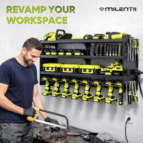 Large Power Tool Organizer Wall Mount, 6-Shelf Heavy Duty Metal Tool Storage Rack with Drill Holder Slots, Side Screwdriver Racks and Hook Bar, Wall Mounted Tool Organizer for Garage Workshop